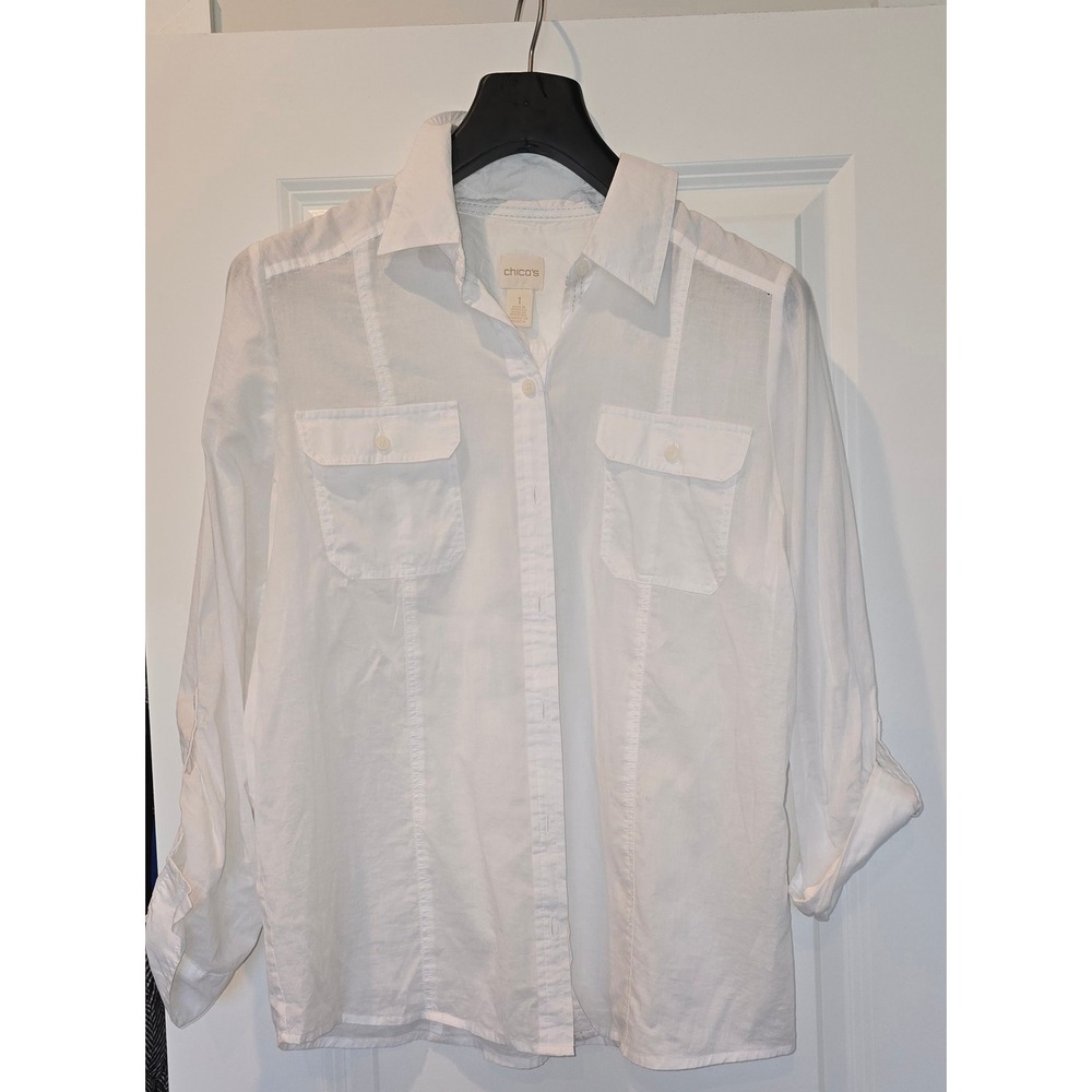 Chicos White Cotton‎ Button Down Shirt Silver Stitch Roll Tab Sleeve Womens Sz 1
